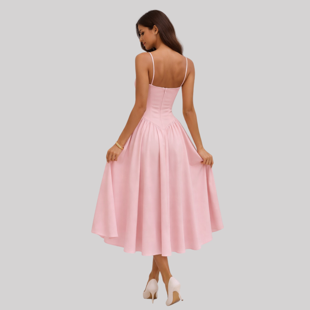 Elegant Midi Dress | Corset Bodice A-Line Design with Flared Skirt | Perfect for Formal Occasions