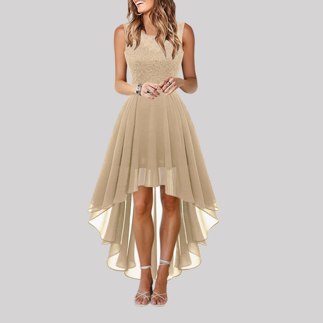 Petal Grace | Women's High-Low Elegant Dress with Fitted Bodice | Flattering Style for Summer Weddings