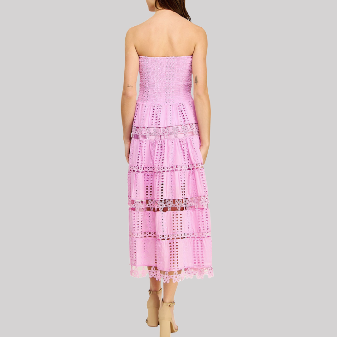 Elegant Eyelet Midi Dress | Women's Formal Dresses with Scalloped Lace Trim | Timeless Style for Effortless Elegance