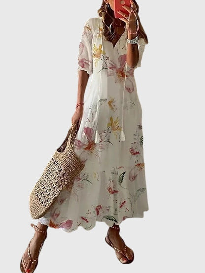 Amalia Collection | Women's Dress - Boho Vintage Summer Dress with Flattering V-Neckline | Lightweight & Versatile for Effortless Style