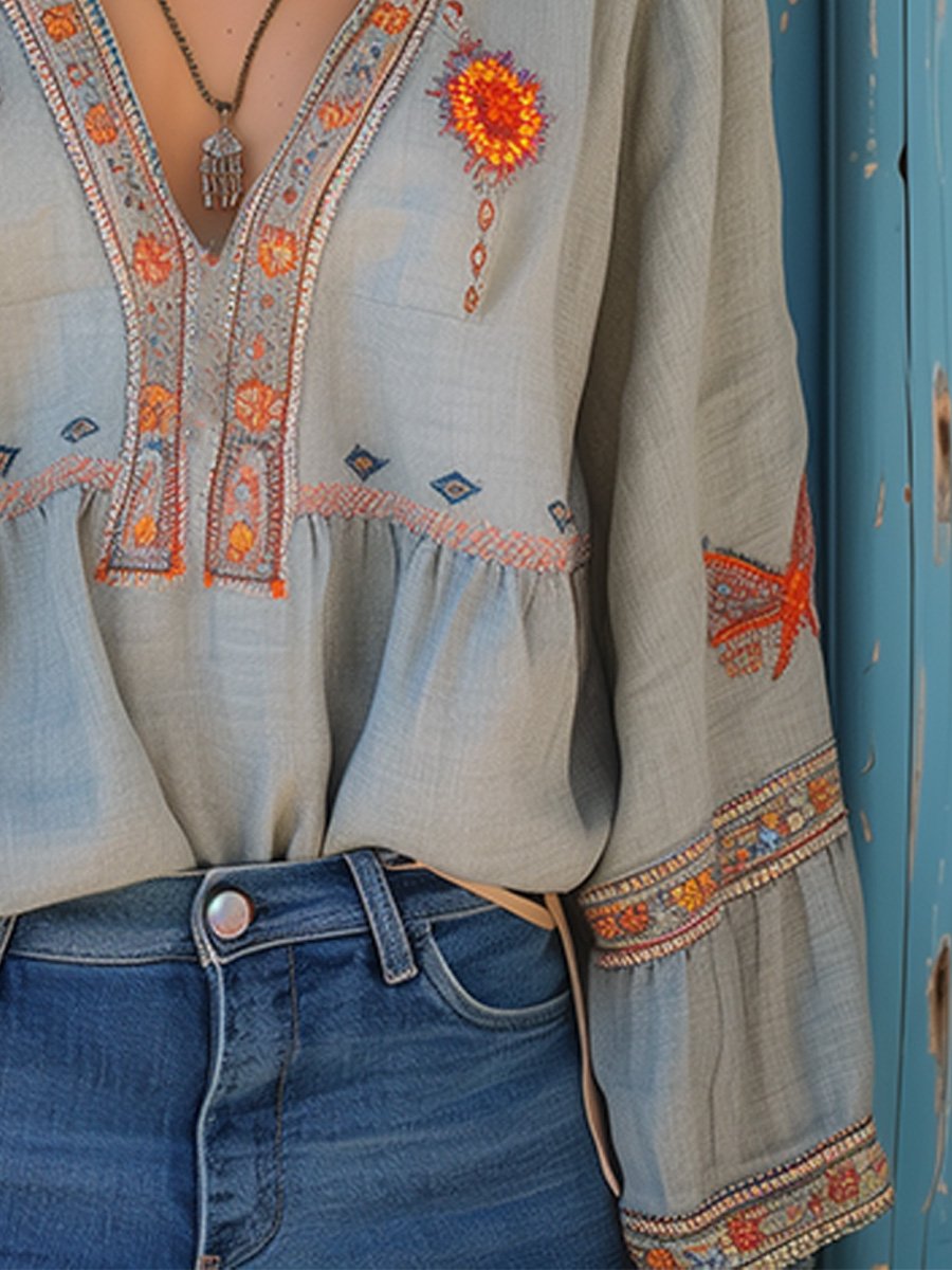 Bohemian Summer Blouse | Women's Top with Decorative Embroidery | Relaxed Fit for Effortless Style