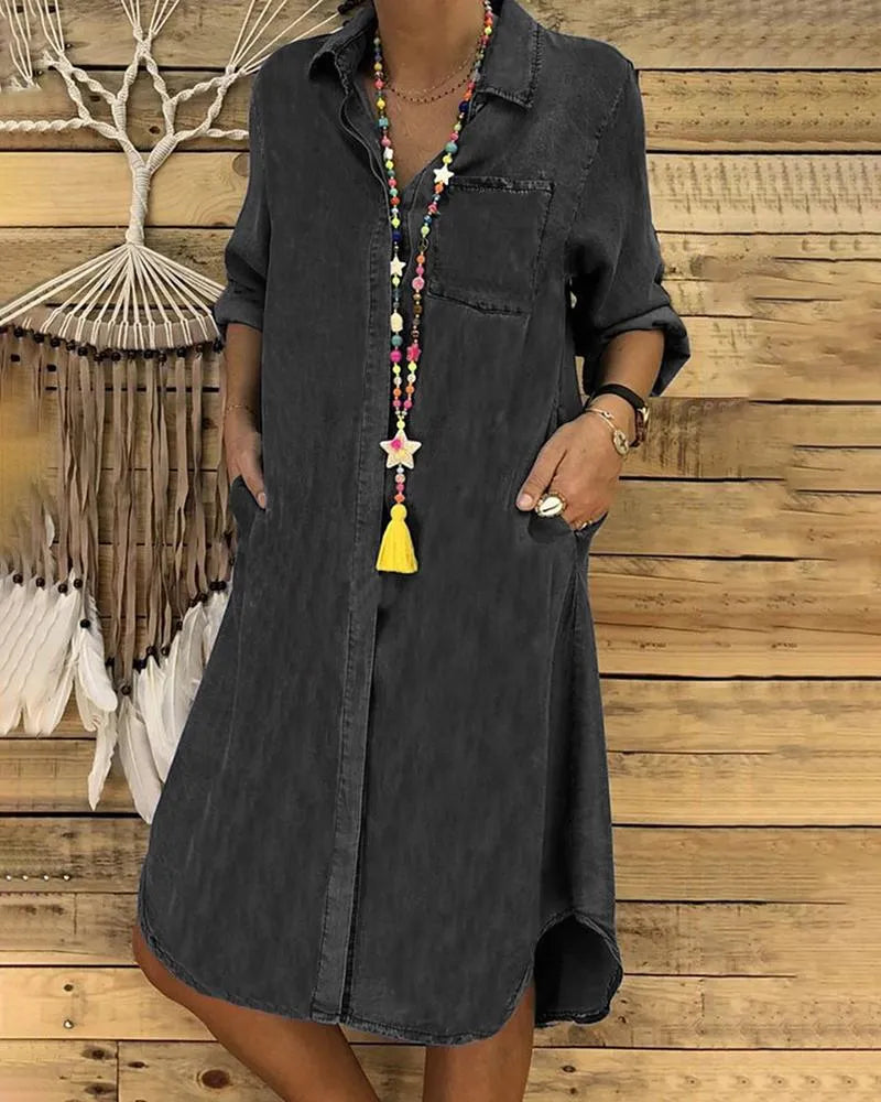 Chic Denim Dress Women | Stylish Denim Shirt Dress with Pockets for Versatile Casual Wear