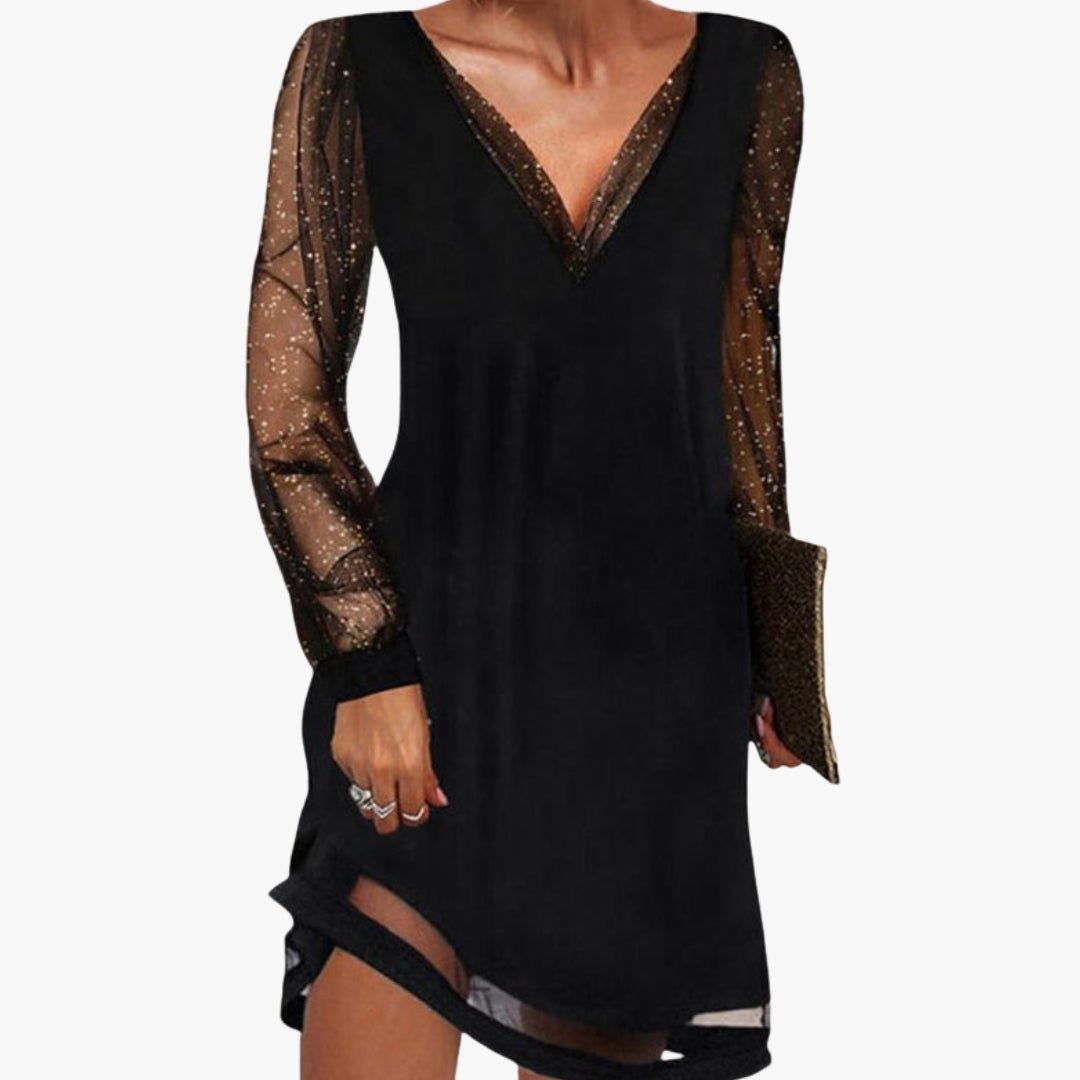 Elegant Cocktail Dress | Sequin Sleeve Design with Plunging Neckline | Flattering Fit for Parties and Weddings