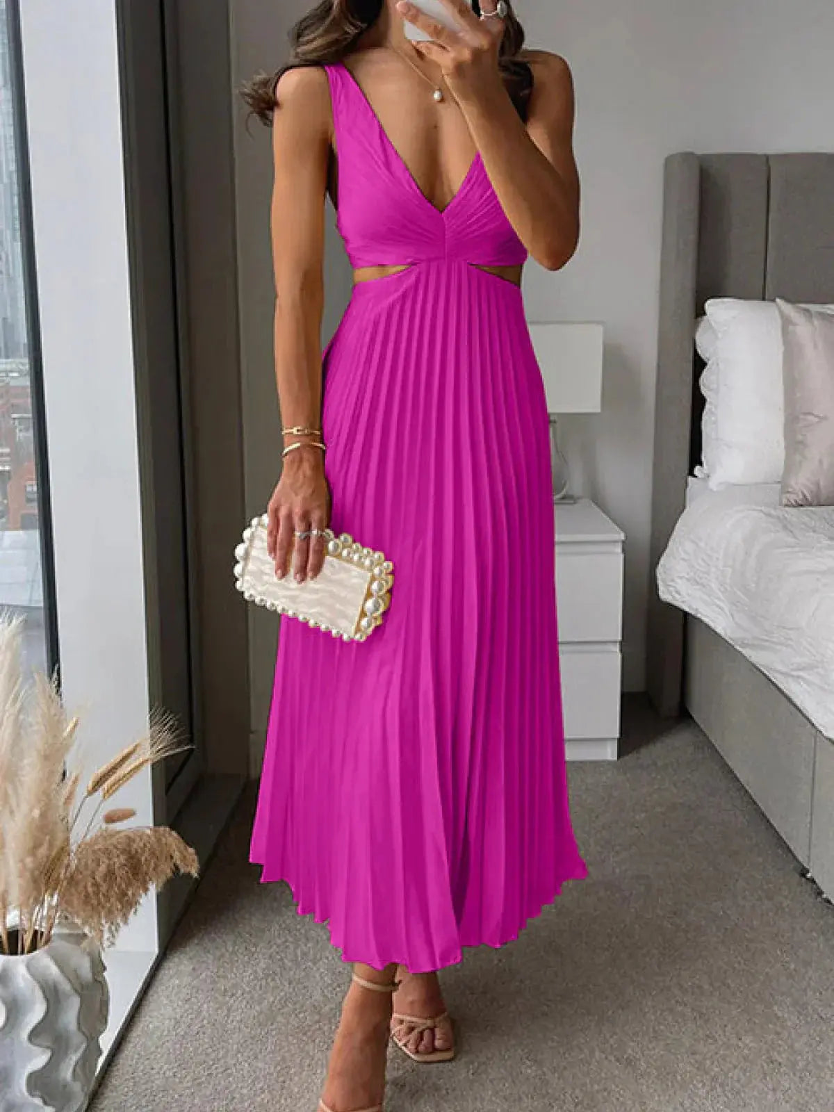 Elegant Collection | Women's Dress with Pleated V Neck Design | Midi Length for Effortless Sophistication