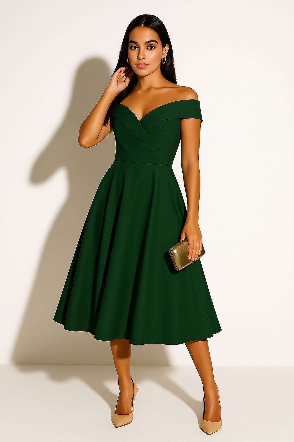 Elegant Collection | Women's Off-Shoulder Midi Dress with Flattering Fit | Chic Cocktail Dress for Timeless Sophistication