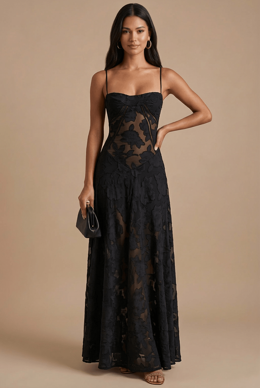 Elegant Lace Maxi Dress | Women's Dress with Spaghetti Straps & Corset Back for Timeless Style