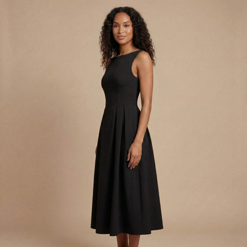 Elegant Midi Dress | Women's Cocktail Dress with Sleeveless Boat Neck Design | Flattering A-Line Skirt for Effortless Style