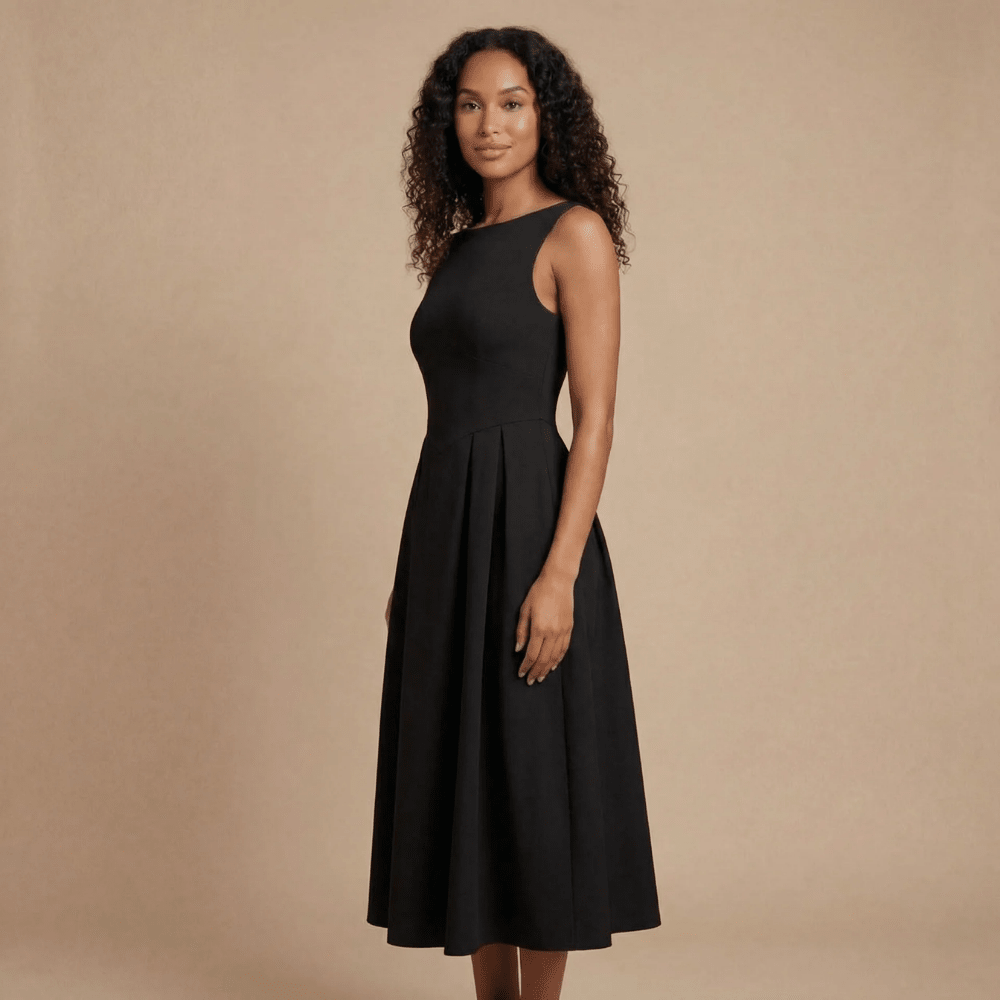 Elegant Midi Dress | Women's Cocktail Dress with Sleeveless Boat Neck Design | Flattering A-Line Skirt for Effortless Style