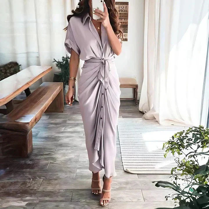 Elegant Midi Dress | Women's Dress with Collared V Neck & Ruched Front | Versatile Style for Any Occasion