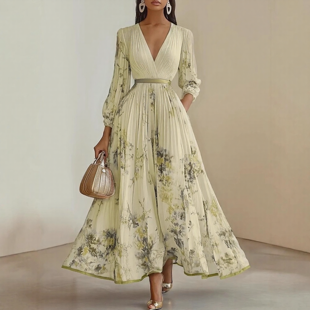 Elegant Pleated Maxi Summer Dress with V Neck & Adjustable Waist | Lightweight Fabric for Effortless Style