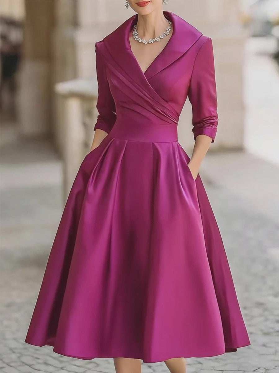 Elegant Satin Midi Dress | Women's Dress with Draped Collar & Side Pockets | Timeless Style for Wedding Guests and Cocktail Events