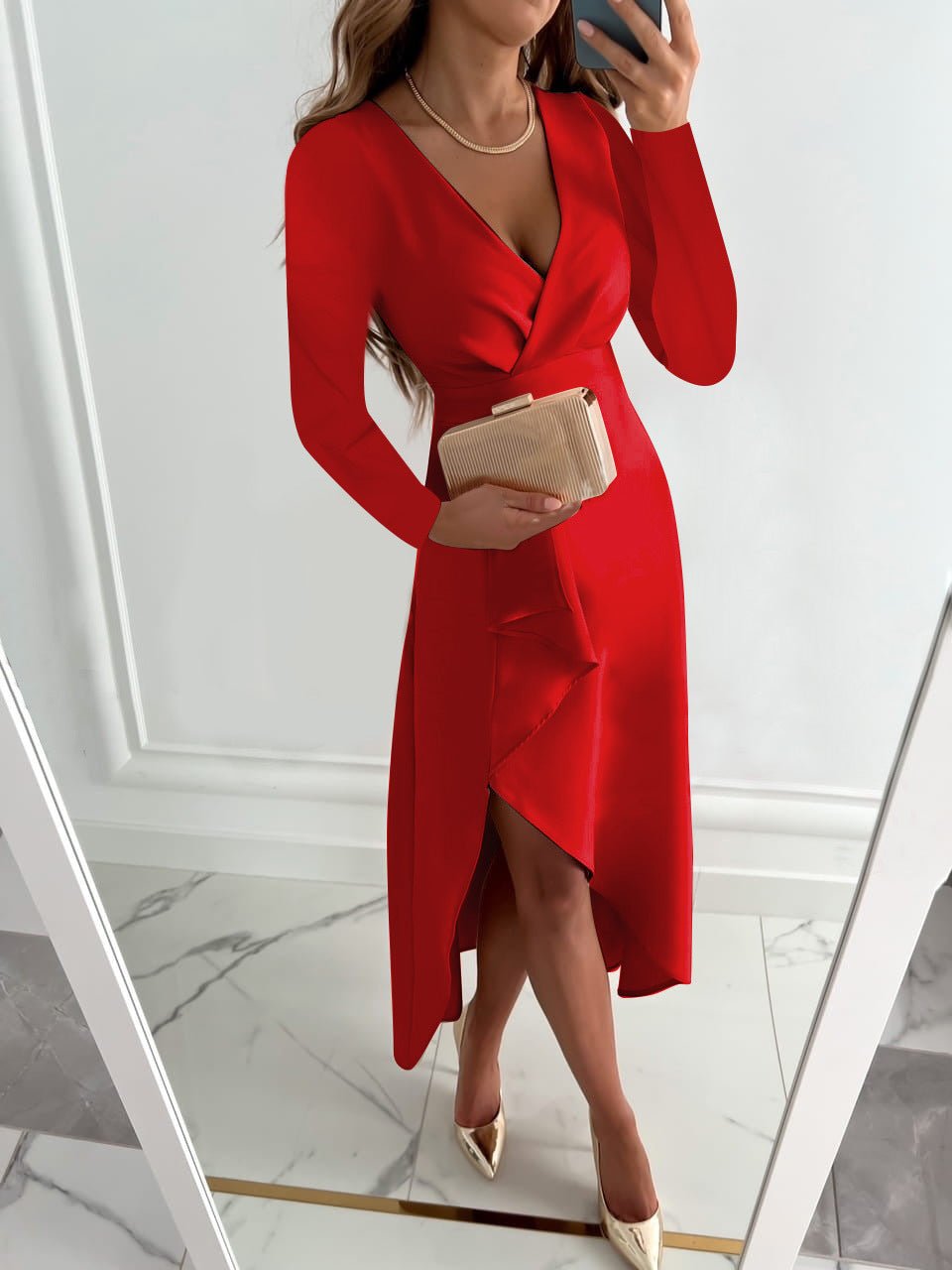 Elegant V Neck Midi Dress | Flattering Sheath Fit with Slit for Summer Style
