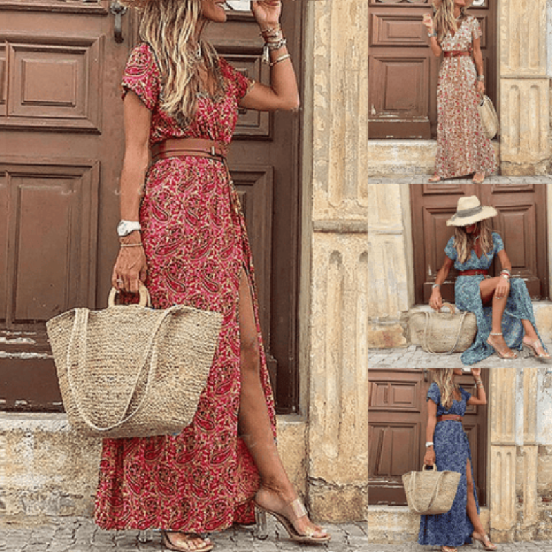 Floral Maxi Dress | Women's V Neck Design with Front Slit & Belt | Effortless Summer Style