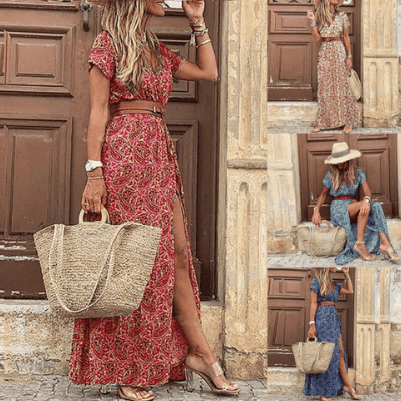 Floral Maxi Dress | Women's V Neck Design with Front Slit & Belt | Effortless Summer Style