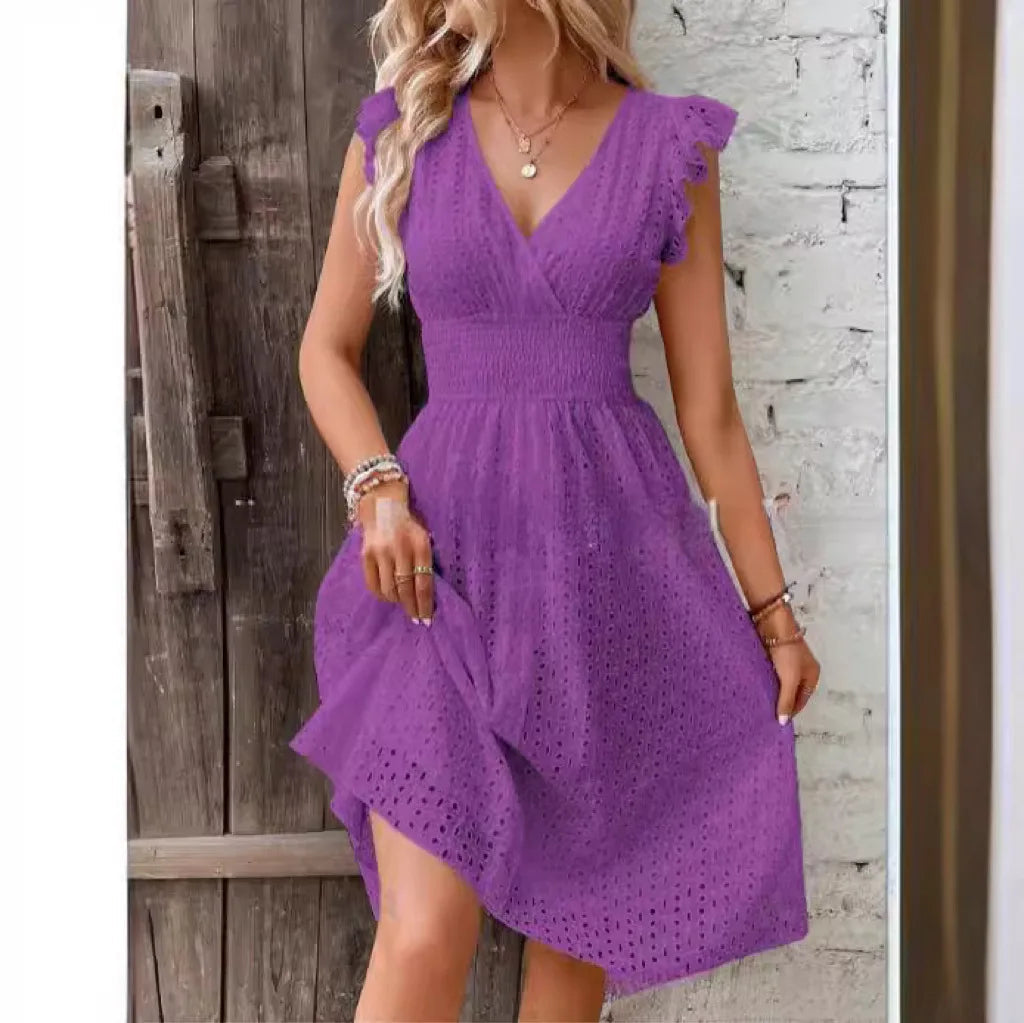 Lily Collection | Women's White Summer Dress with Eyelet Texture | Flattering A-Line Fit for Effortless Style