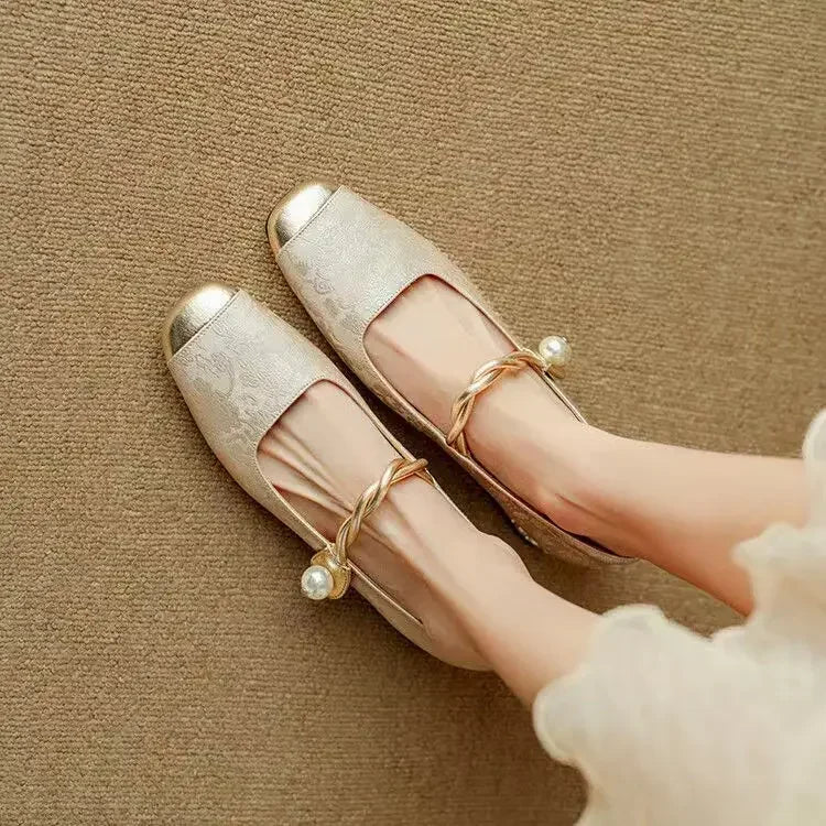 Mestelle | Women's Shoes - Vintage-Inspired Mary Janes with Twisted Pearl Strap | Elegant Footwear for Stylish Occasions
