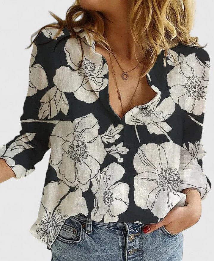 Women's Linen Button-Down Shirt with Lapel Collar 12