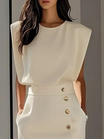 Effortless Charm Midi Dress — Round Neckline & Button Slit Detail 10