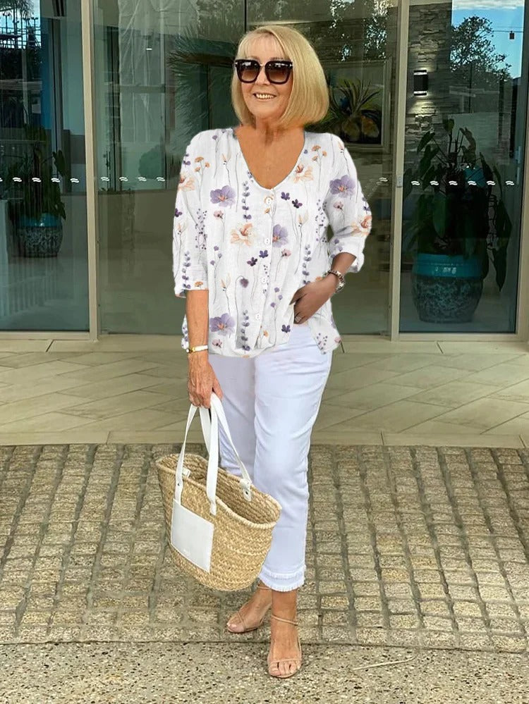 Floral V-Neck Blouse with Button Front & Three-Quarter Sleeves 3