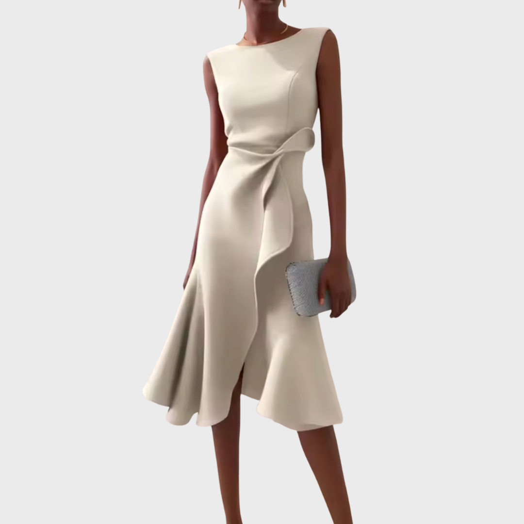 Sheila™ Draped Asymmetric Midi Dress — Sleeveless Elegant Fit 10