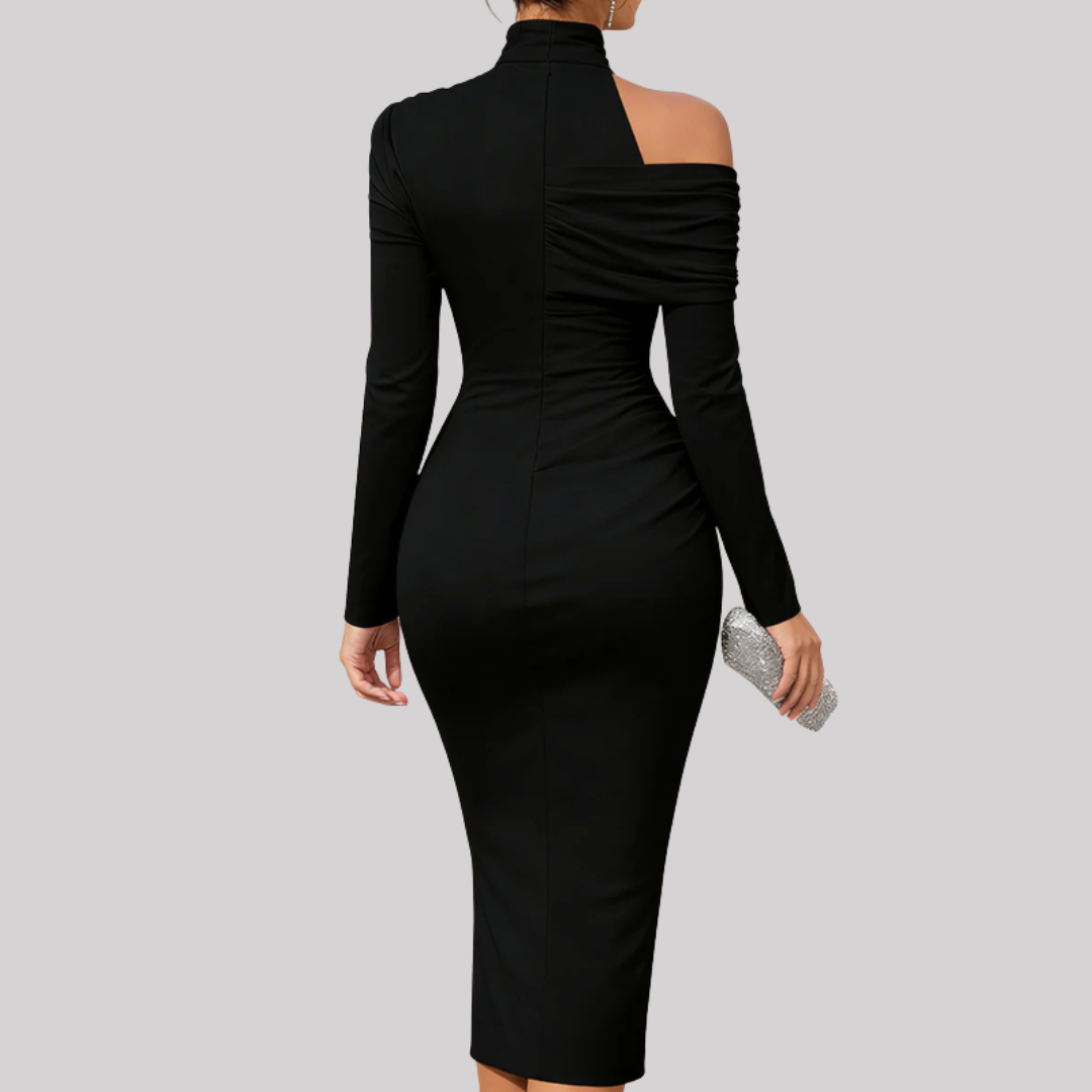 Delphina | Women's Asymmetric Midi Dress with Draped Bodice | Elegant Wedding Guest Attire