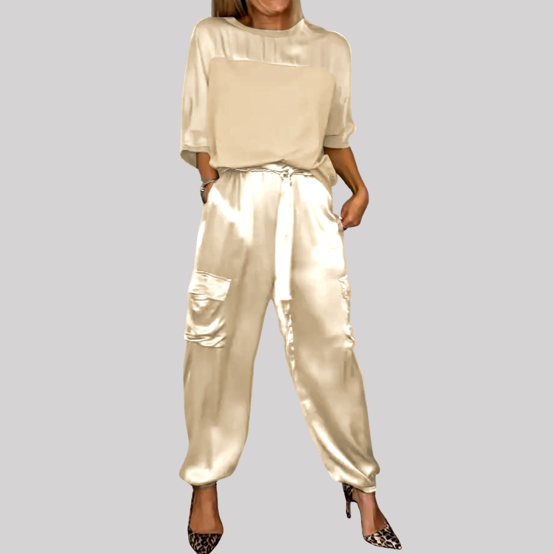 Chic Satin | Women's Two Piece Set with Loose-Fitting Top & Cargo Pants | Effortless Style for Casual & Night Out