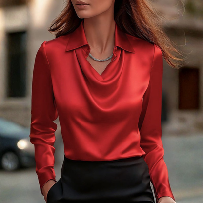 Elegant White Blouse for Women with Draped Neckline | Luxurious Satin Fabric for Sophisticated Style