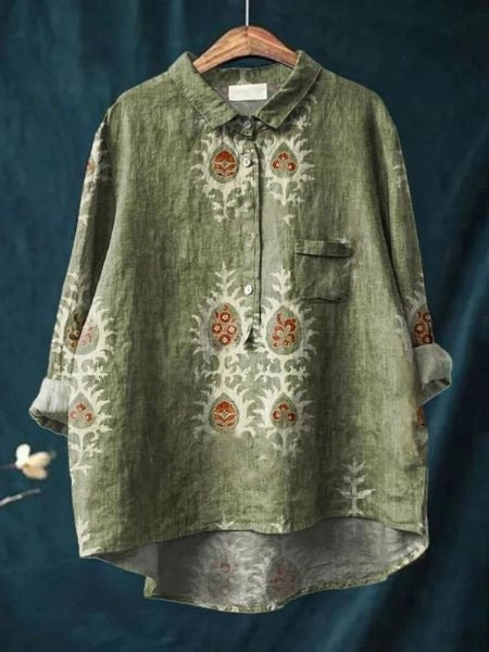 Button-Up Floral Blouse with Classic Pointed Collar & Long Sleeves 14