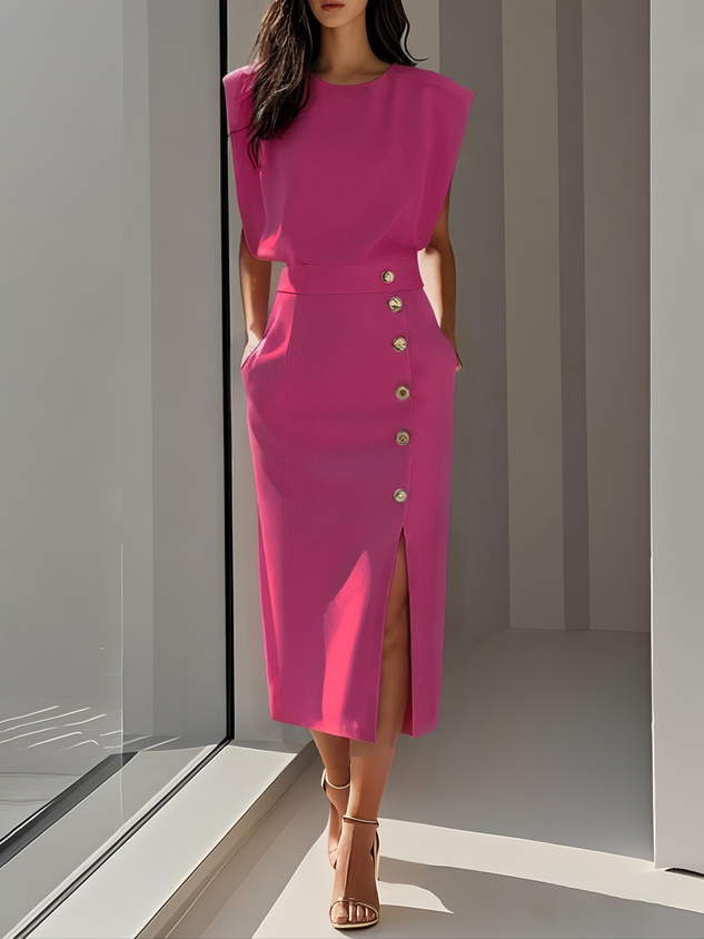 Effortless Charm Midi Dress — Round Neckline & Button Slit Detail 7
