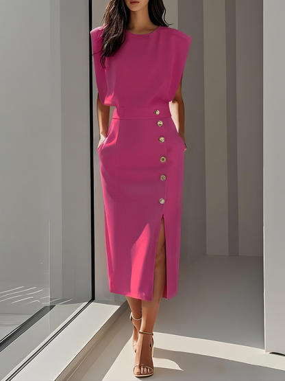 Effortless Charm Midi Dress — Round Neckline & Button Slit Detail 7