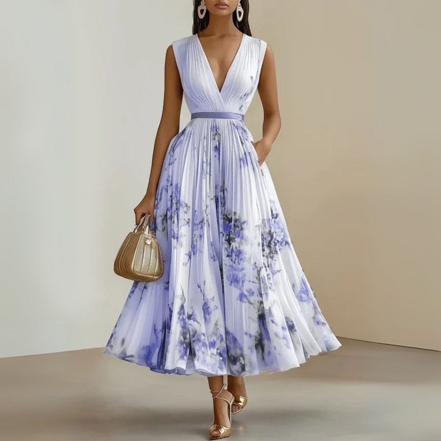 Pleated Sleeveless Maxi Dress with Deep V-Neckline 6