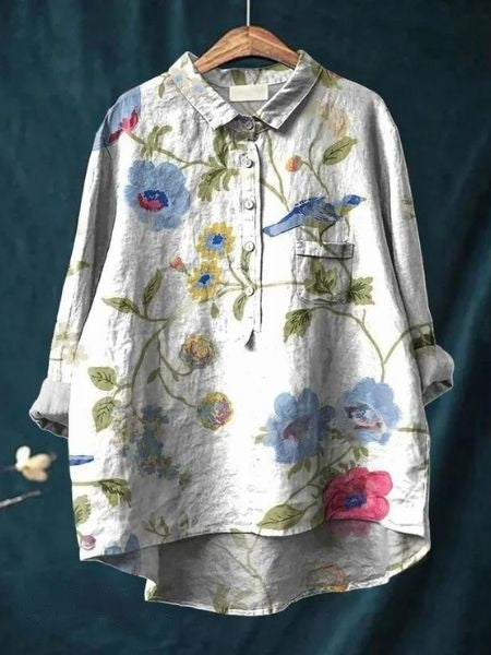 Button-Up Floral Blouse with Classic Pointed Collar & Long Sleeves 9