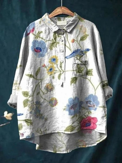 Button-Up Floral Blouse with Classic Pointed Collar & Long Sleeves 9