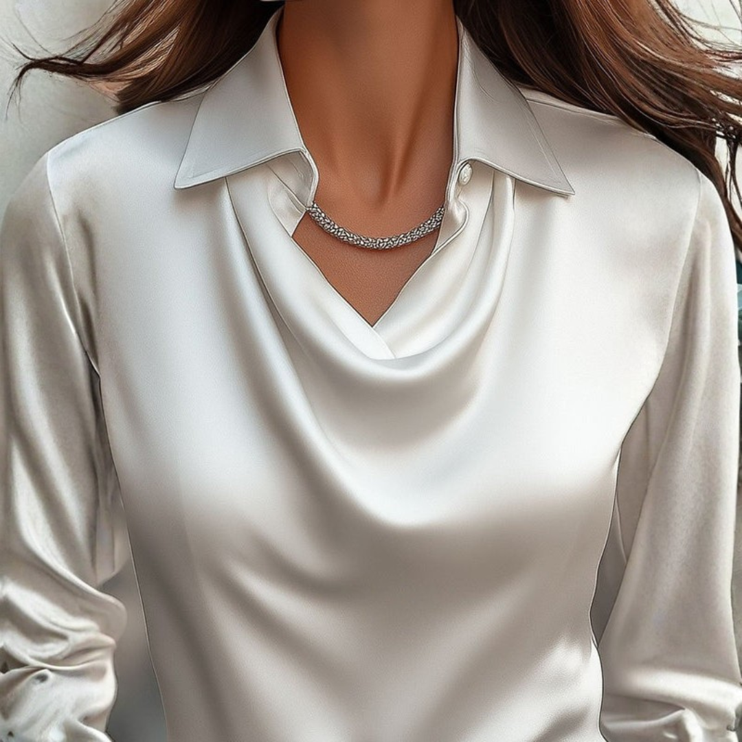 Elegant White Blouse for Women with Draped Neckline | Luxurious Satin Fabric for Sophisticated Style