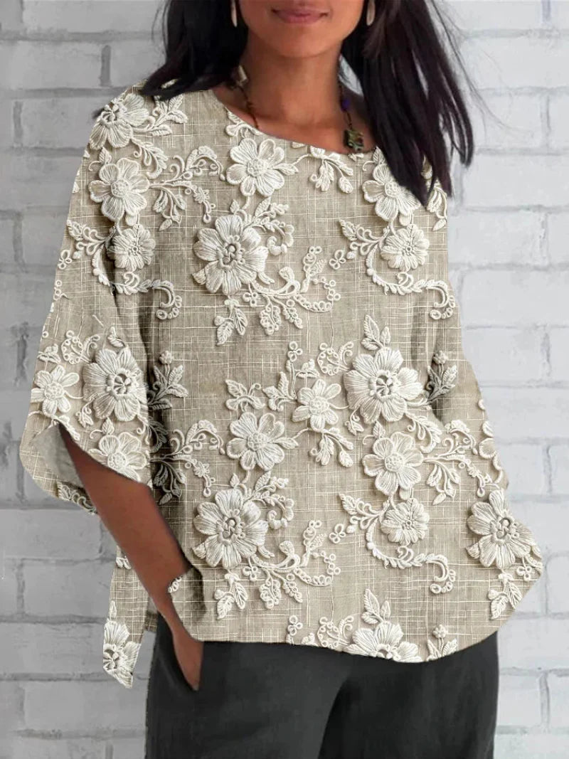 Vintage Floral Embroidery Blouse with Three-Quarter Sleeves 1