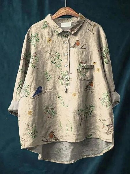 Button-Up Floral Blouse with Classic Pointed Collar & Long Sleeves 12
