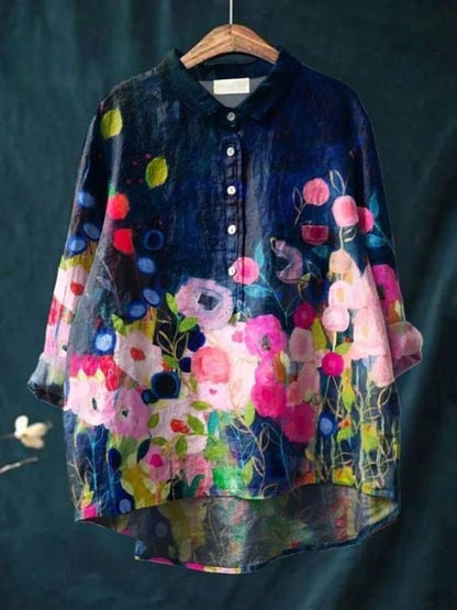 Button-Up Floral Blouse with Classic Pointed Collar & Long Sleeves 4