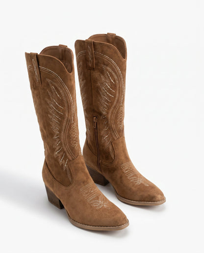 Knee-High Embroidered Cowboy Boots — Suede Block Heel 4