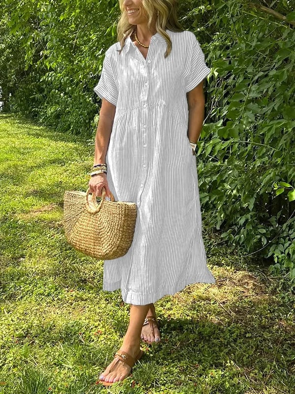 Striped Button-Up Shirt with Tailored Collar & Flowing Fit 2