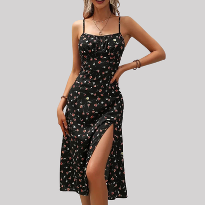 Chic Floral | Women's Midi Dress with Side Slit & Curved Neckline | Elegant Summer Dress for Effortless Style