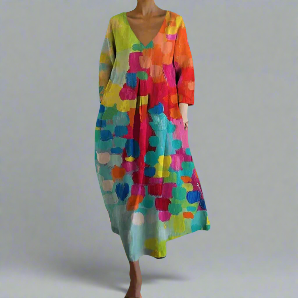 Abstract Print Maxi Dress with V-Neck & 3/4 Sleeves 1