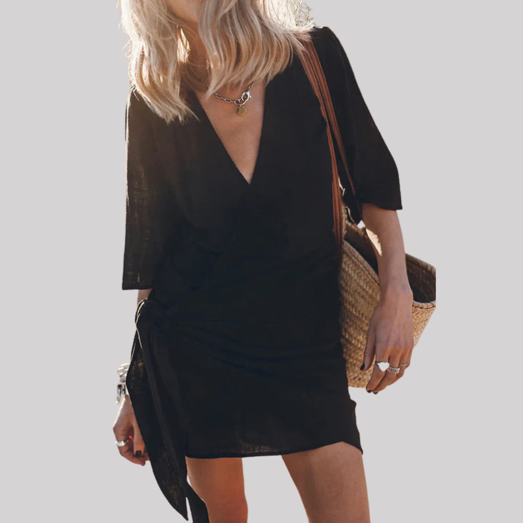 Effortless Summer | Women's Wrap Mini Dress with Tie Waist & Asymmetrical Hem | Lightweight Linen for Comfort
