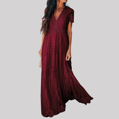 Elegant Burgundy Maxi Dress for Women with Deep V Neckline | Romantic Style for Special Occasions