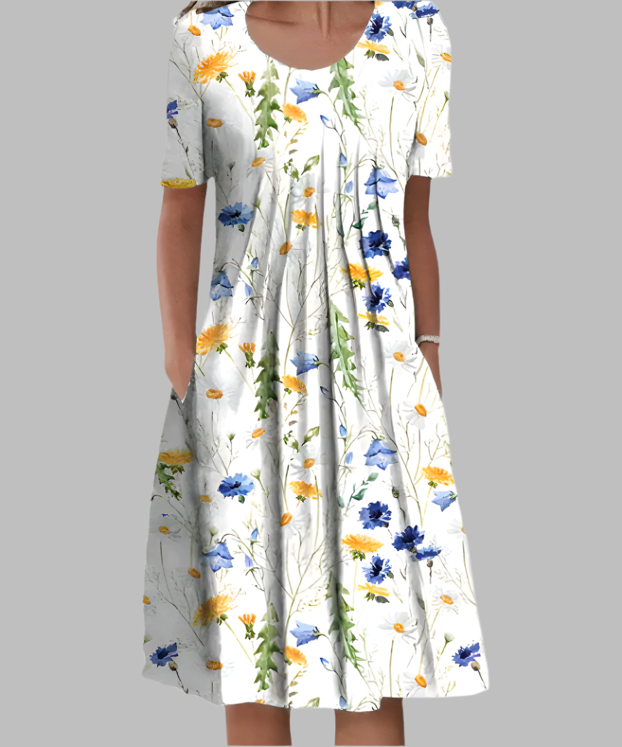Floral Printed Midi Dress - Short Sleeve with Side Pockets 2