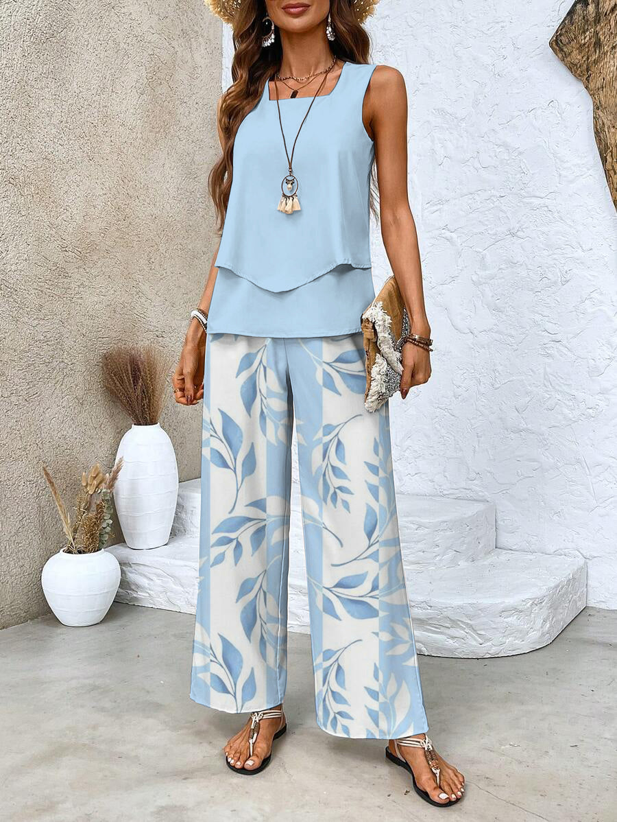 Chic Two-Piece Set Sleeveless Blouse & Wide-Leg Pants 1