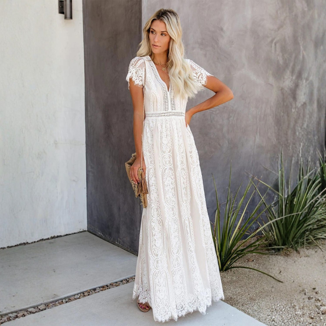 Elegant Lace Maxi Dress | Women's White Dress with Sheer Waistband | Formal Wedding Guest Outfit for Graceful Style