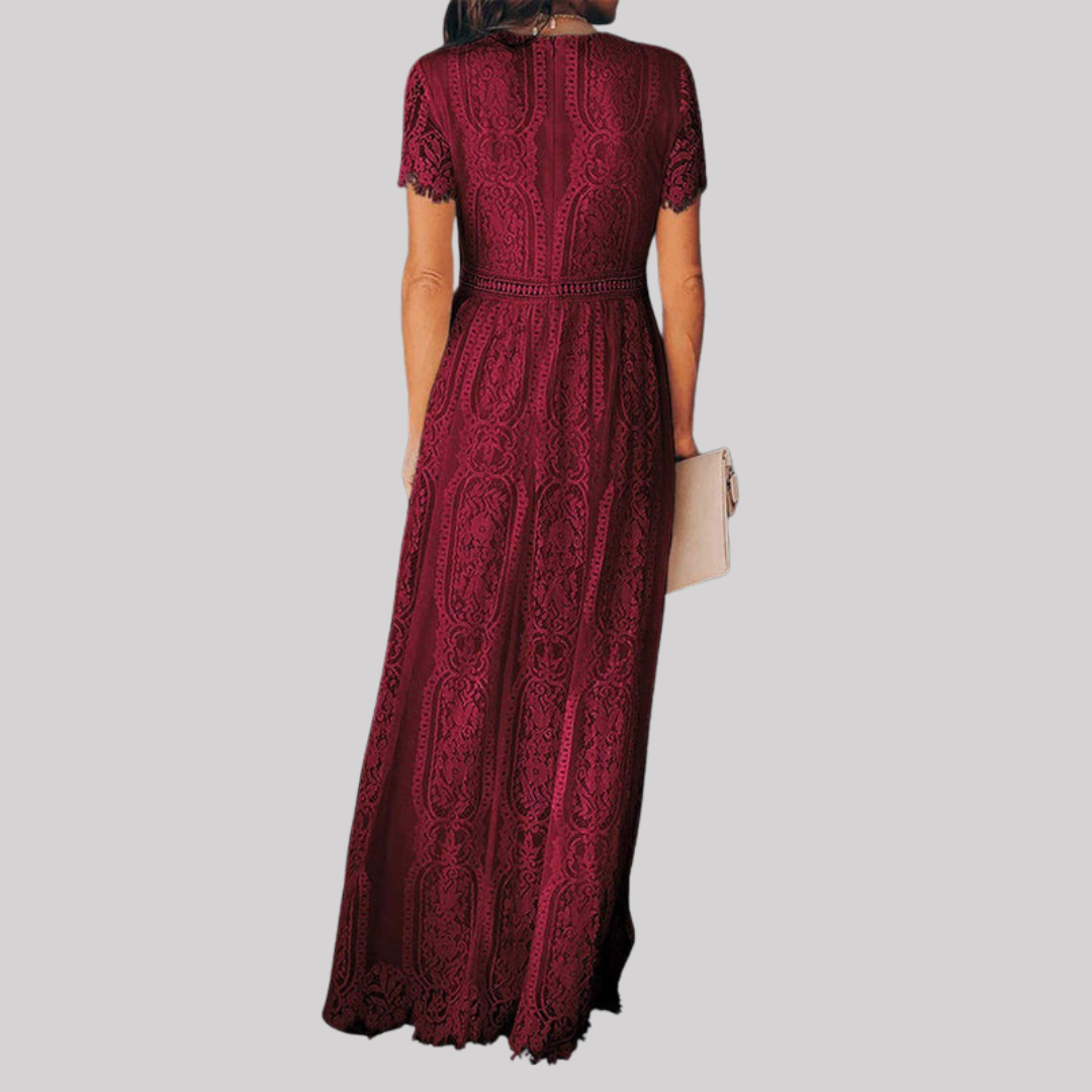 Elegant Lace Maxi Dress | Women's Dress with Deep V Neck & Short Sleeves | Perfect Wedding Guest Dress for Timeless Style