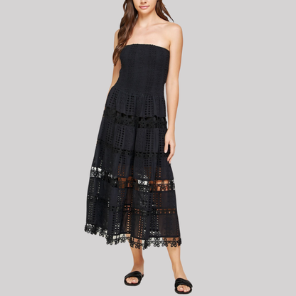 Elegant Eyelet Midi Dress | Women's Formal Dresses with Scalloped Lace Trim | Timeless Style for Effortless Elegance