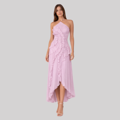 Elegant Summer Maxi Dress with Layered Ruffles & Open Back Design for Wedding Guests
