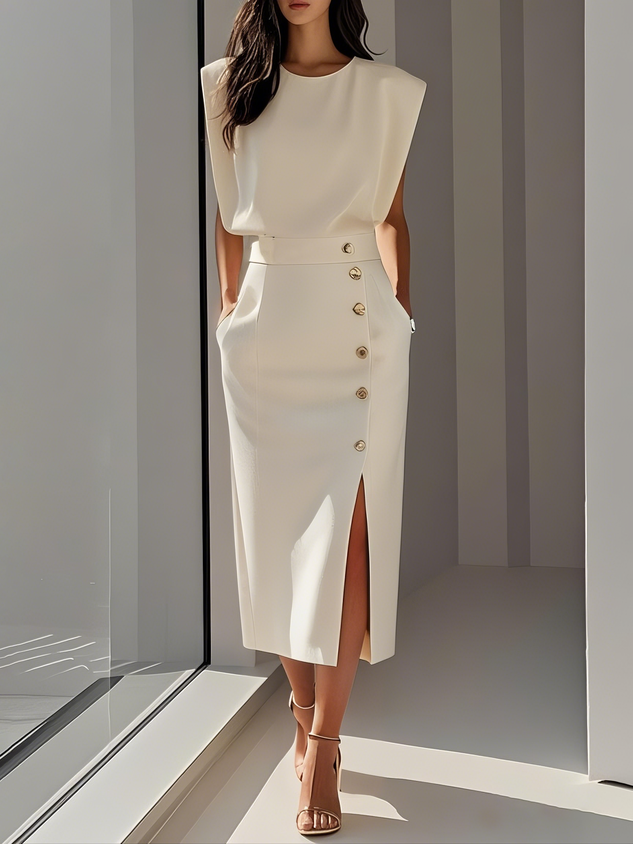 Sleeveless Midi Dress with Side Button Detail & Front Slit 1